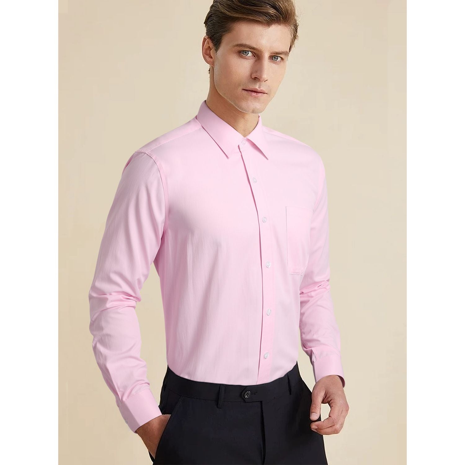 Men's Shirt with Tie Handkerchief Set - 05-PINK/WHITE