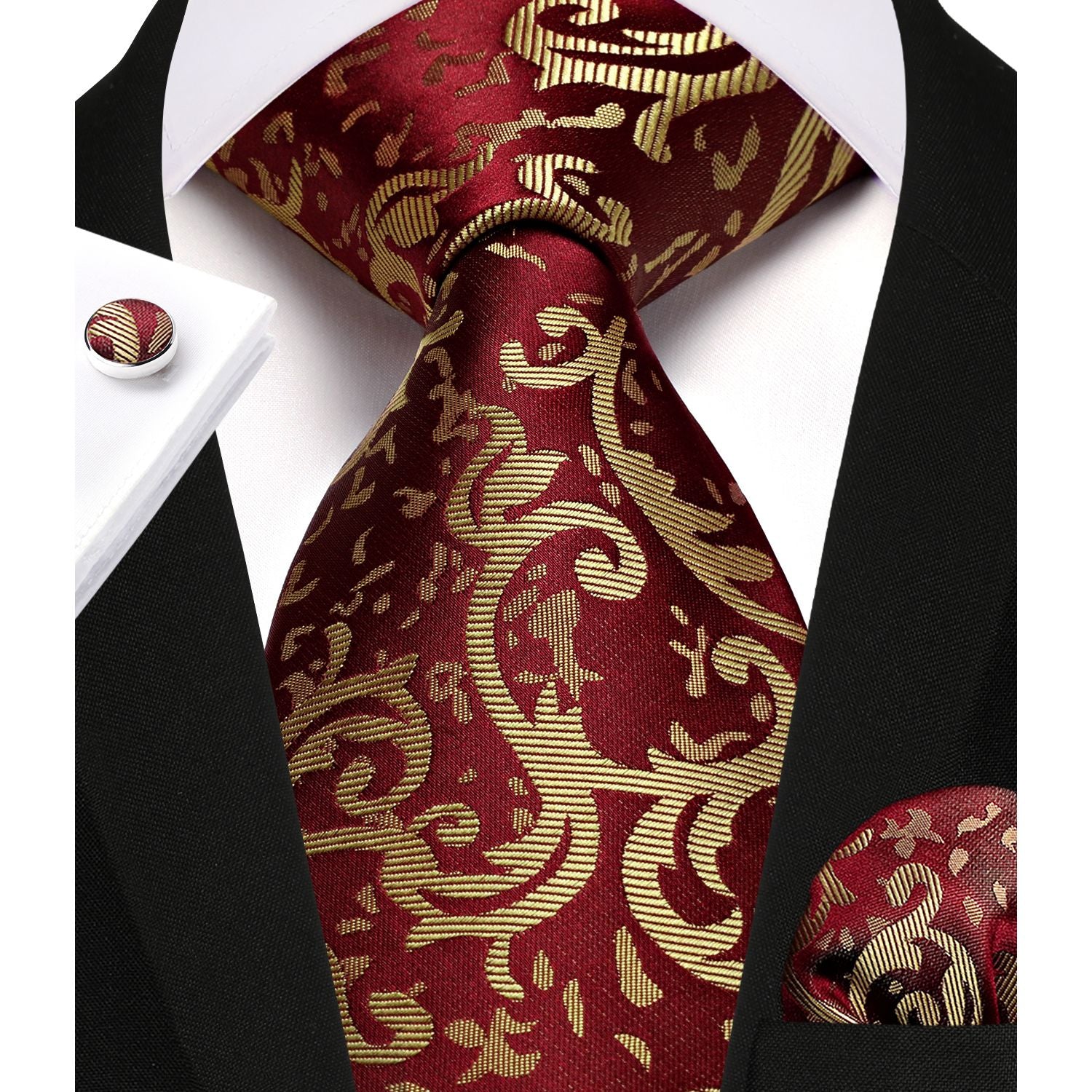 Hisdern Burgundy Gold Paisley Wedding Accessories Set with Cufflinks Hisdern Burgundy Gold Paisley Wedding Accessories Set with Cufflinks