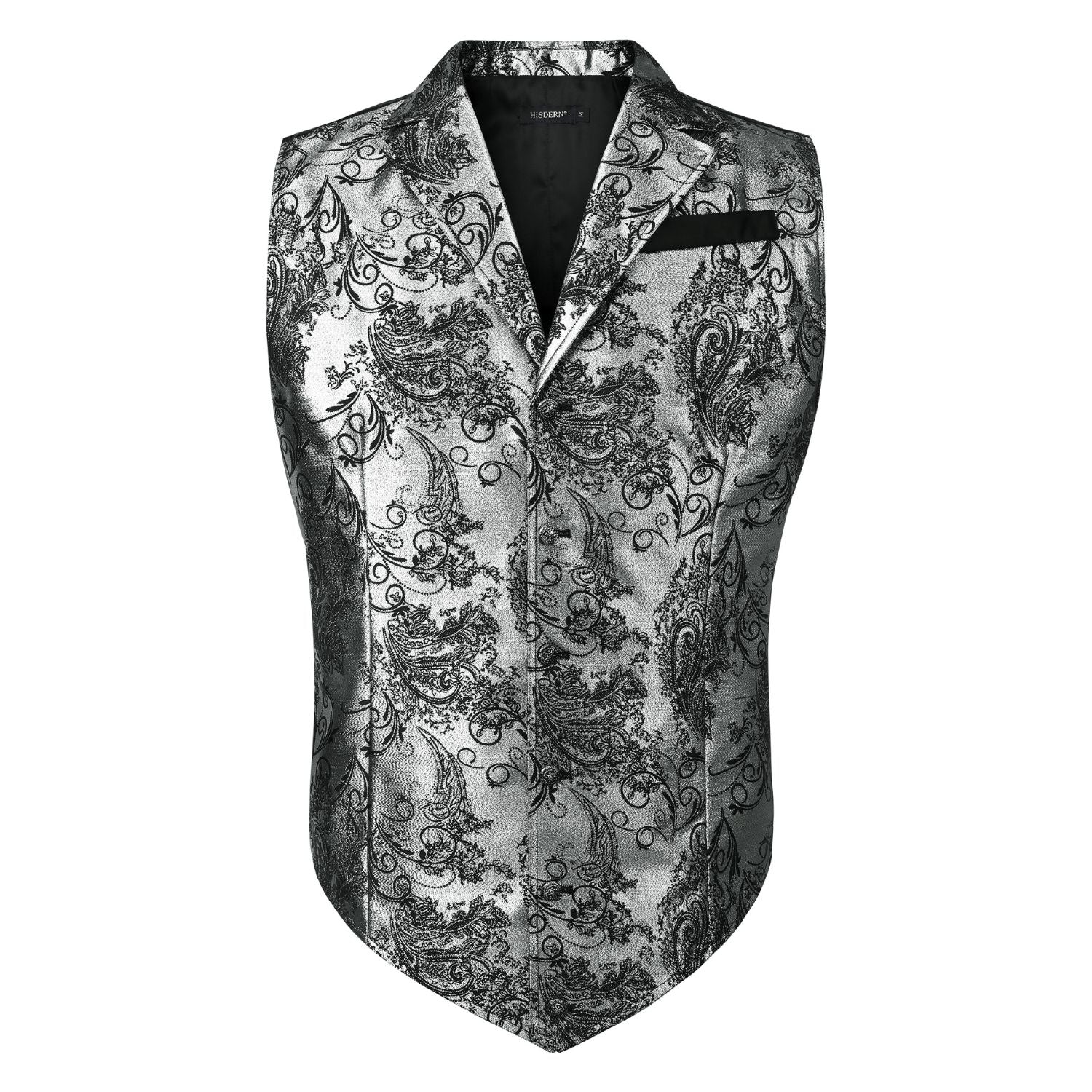Hisdern Gothic Men's Formal Vest Silver Black Lapel Party Coat 2XL