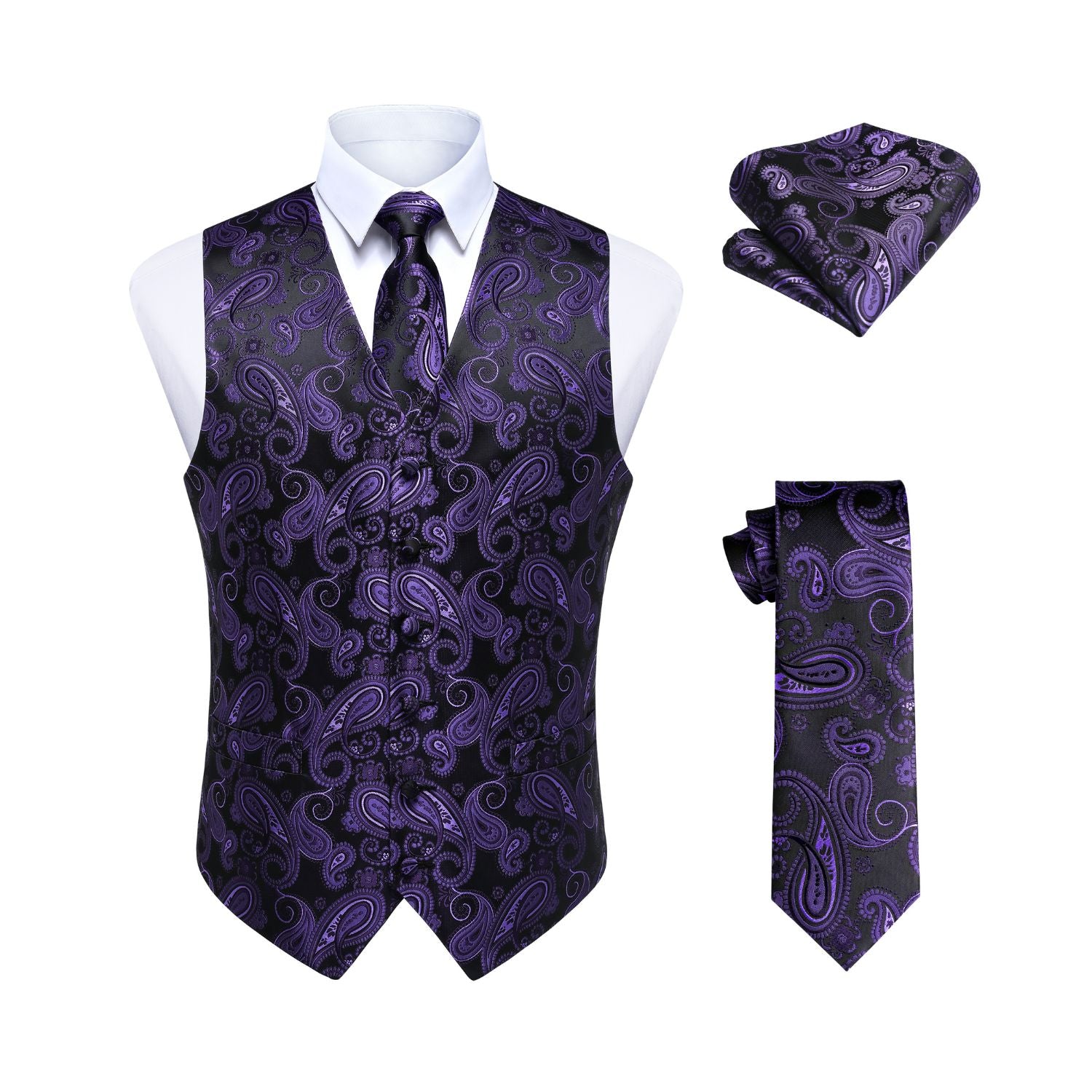 Hisdern Men's Purple Black Paisley Vest Tie Set For Weddings