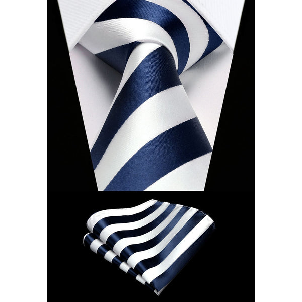 Stripe Tie Handkerchief Set - A- NAVY BLUE WHITE