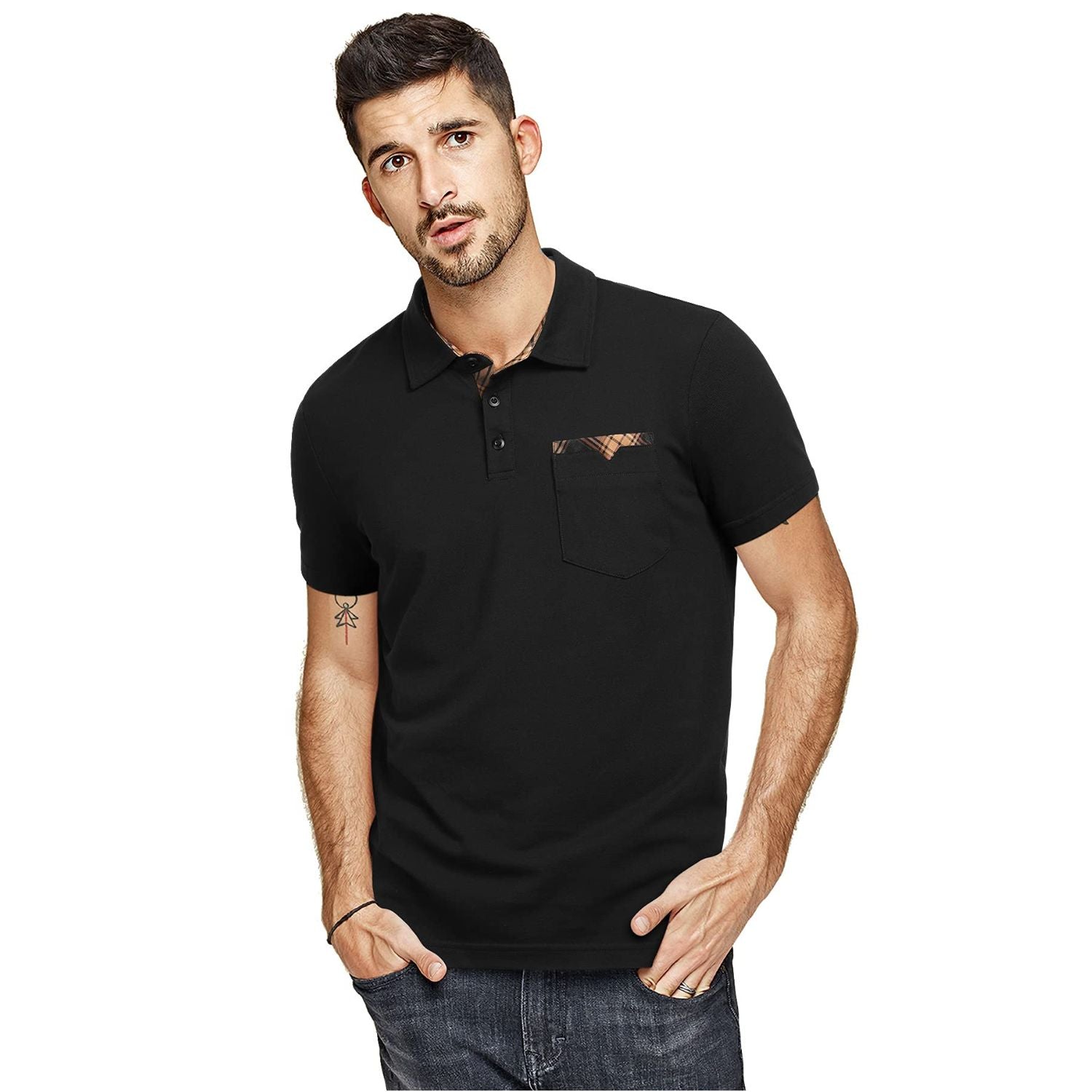 Men's Polo Shirt with Pocket - K-BLACK-CHECKED1