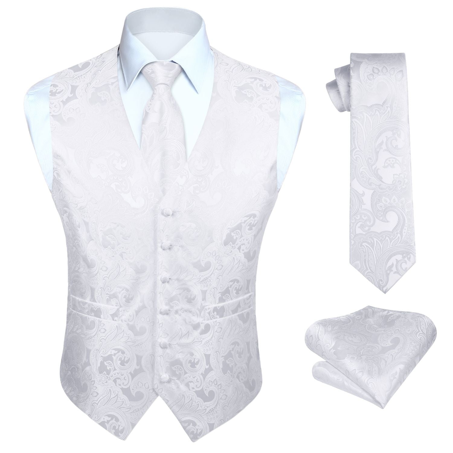 Gilet Da Smoking Paisley Argento &ndash; Con Cravatta Abbinata &ndash; Taglie XS-6XL, Uomo, Matrimonio