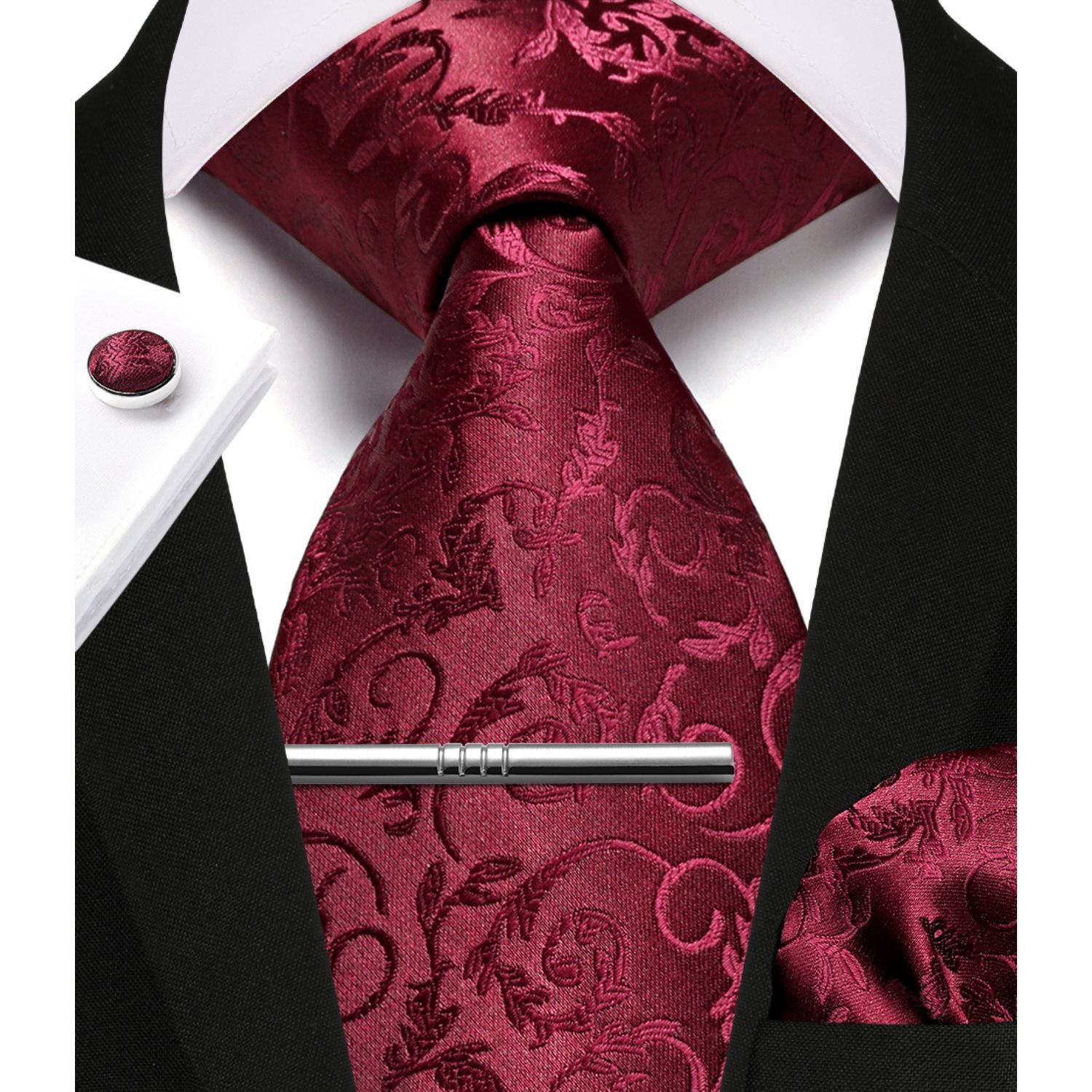 Paisley Tie Handkerchief Cufflinks Clip - D1-BURGUNDY