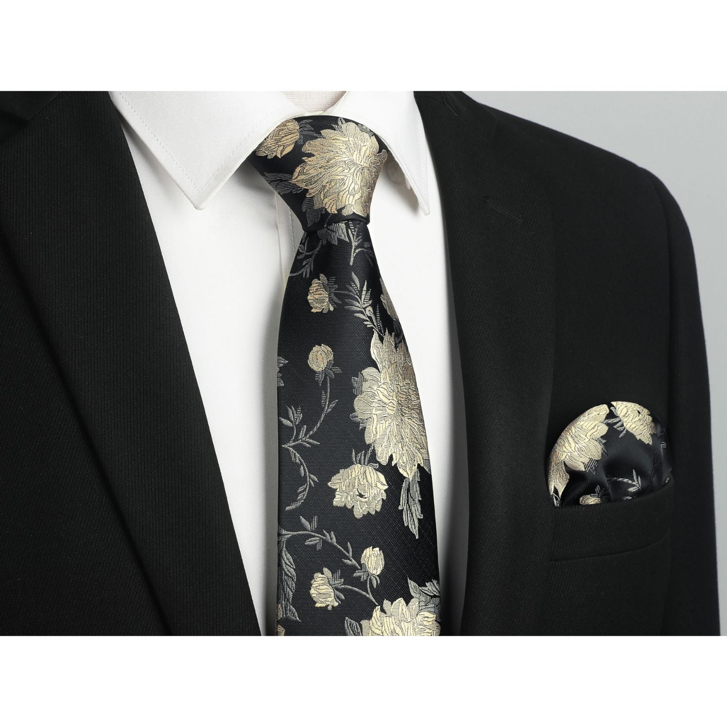 Floral Tie Handkerchief Cufflinks - 1-BLACK FLORAL