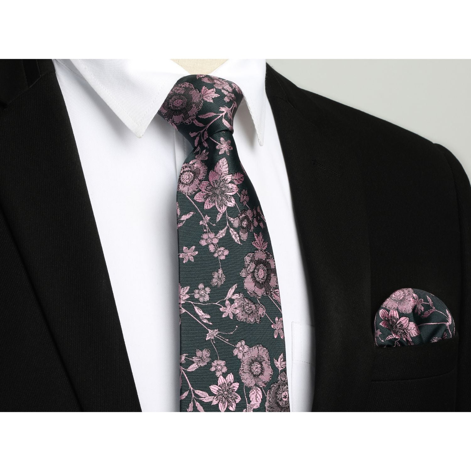 Floral Tie Handkerchief Set - 33PINK/BLACK