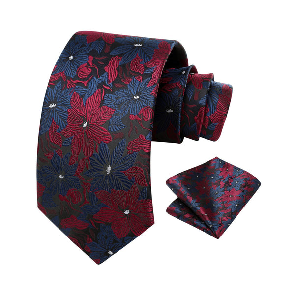Floral Tie Handkerchief Set - B5-RED/NAVY 