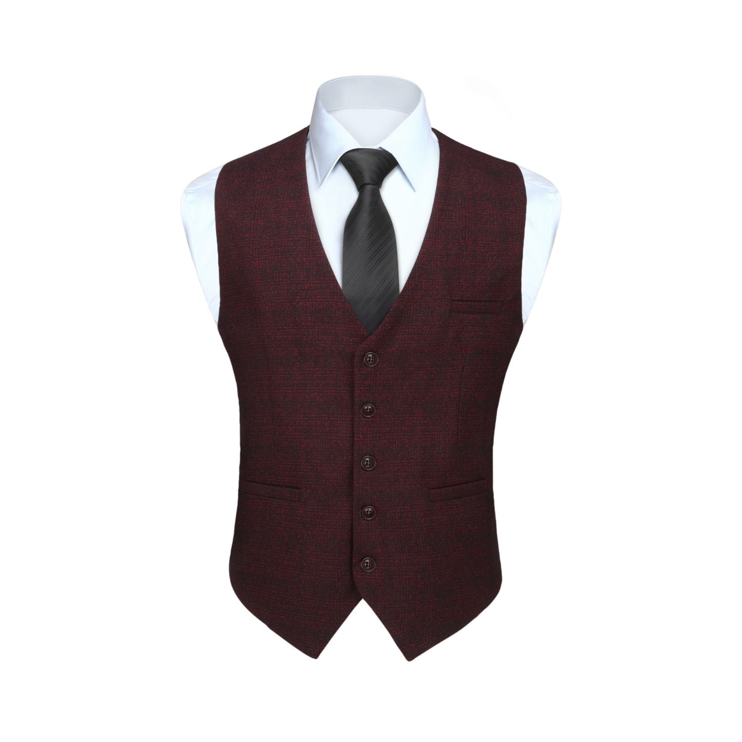 Hisdern Men's Burgundy Plaid Wedding Vest For Skinny Guys 2XL