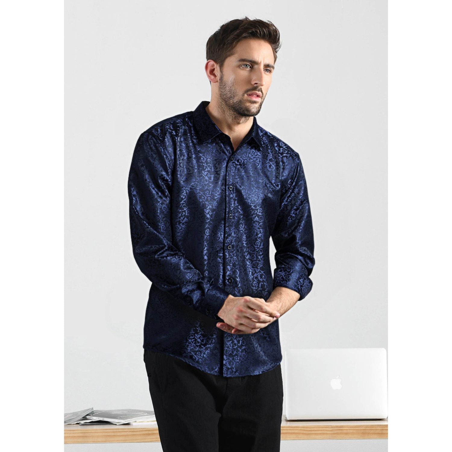 Floral Satin Dress Shirt - 04-NAVY BLUE