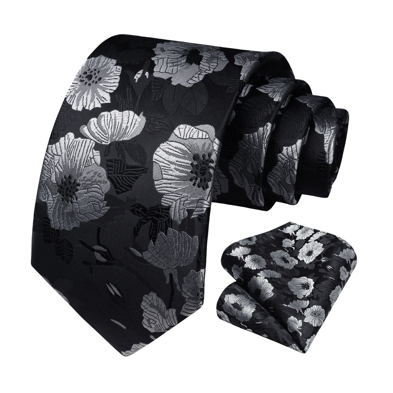 Floral 3.4 inch Tie Handkerchief Set - 11-BLACK