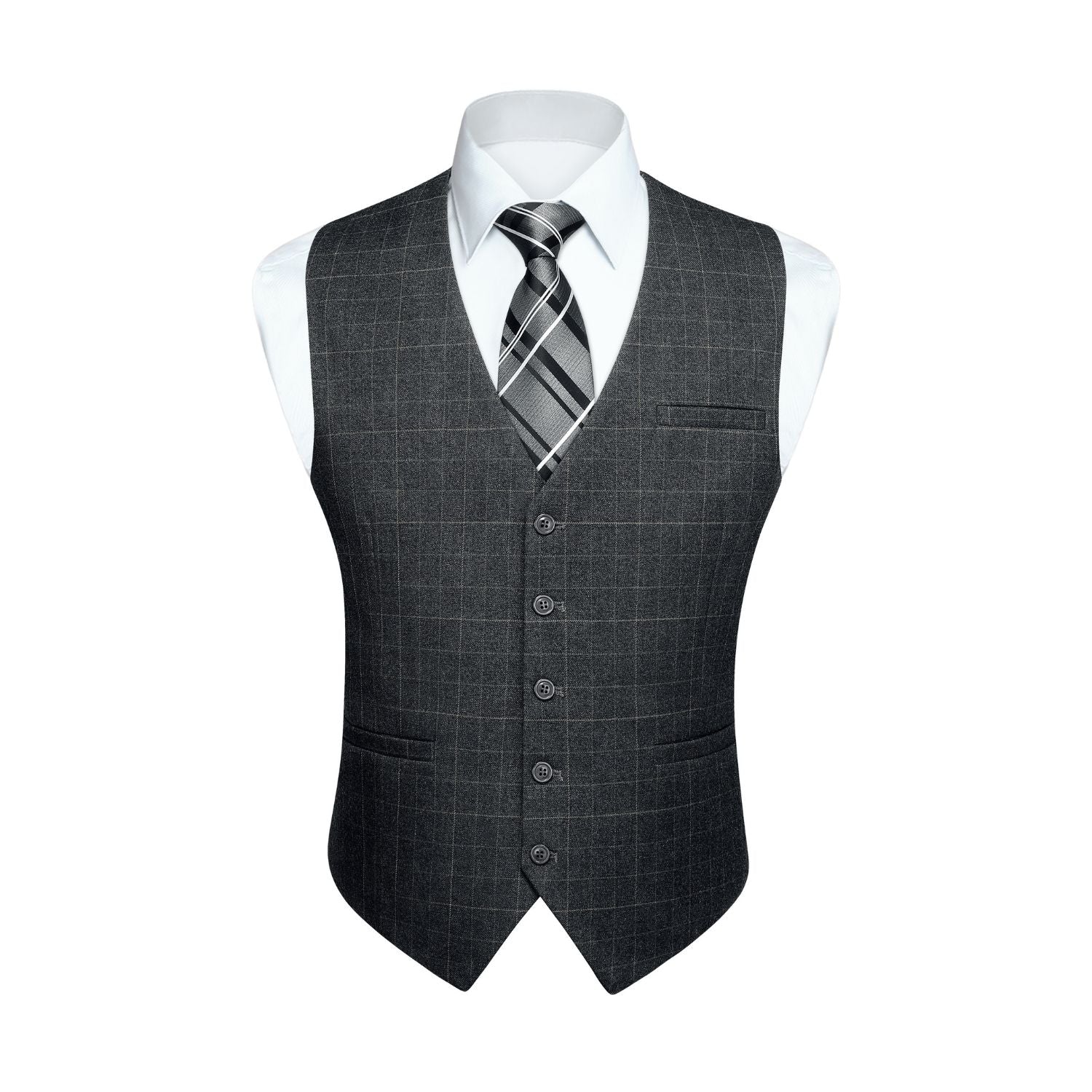 Hisdern Men's Charcoal Grey Plaid Wedding Vest For Skinny Guys S