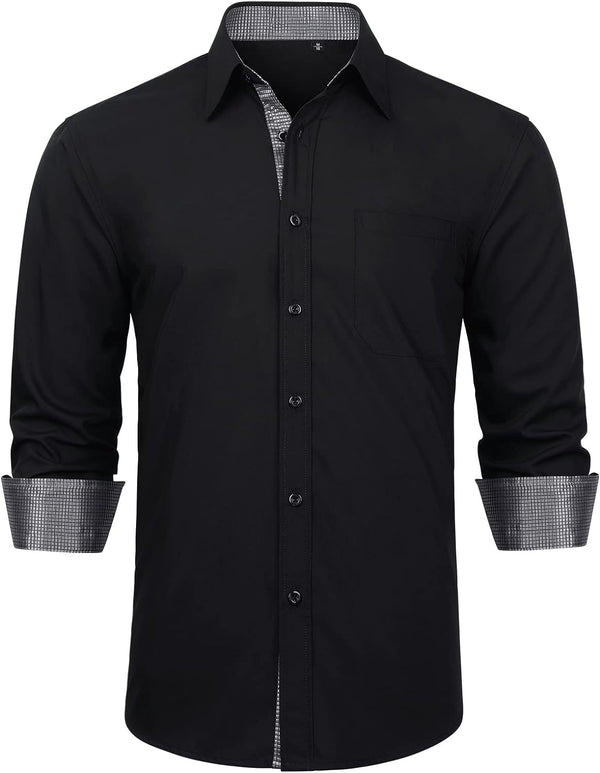 Men's Patchwork Dress Shirt with Pocket - A2-BLACK