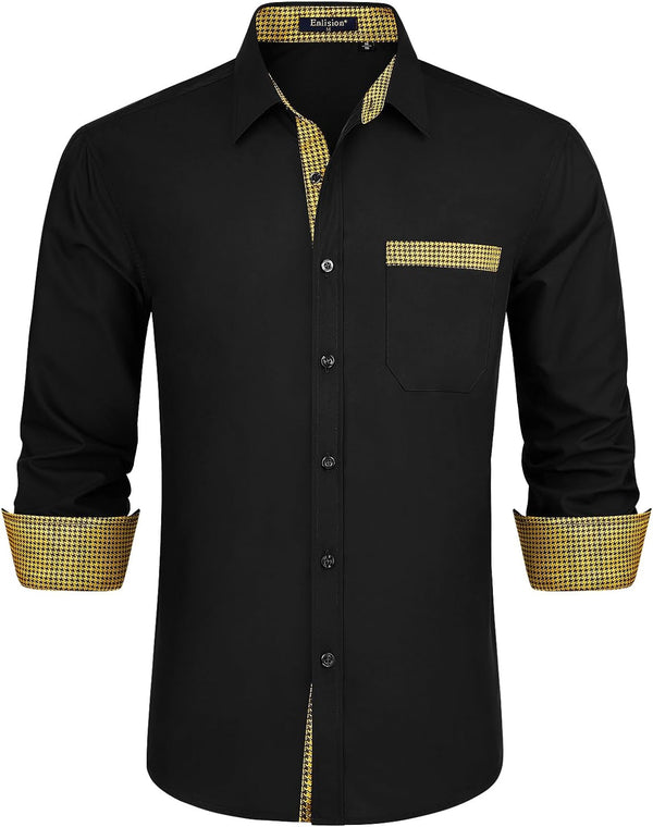 Men's Patchwork Dress Shirt with Pocket - 04-BLACK GOLD