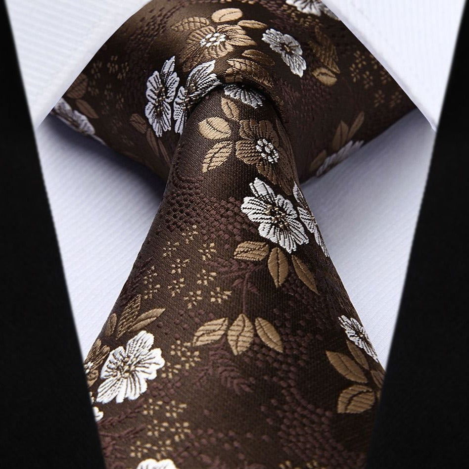 Hisdern Brown White Wedding Tie Set – Floral Tie & Pocket Square