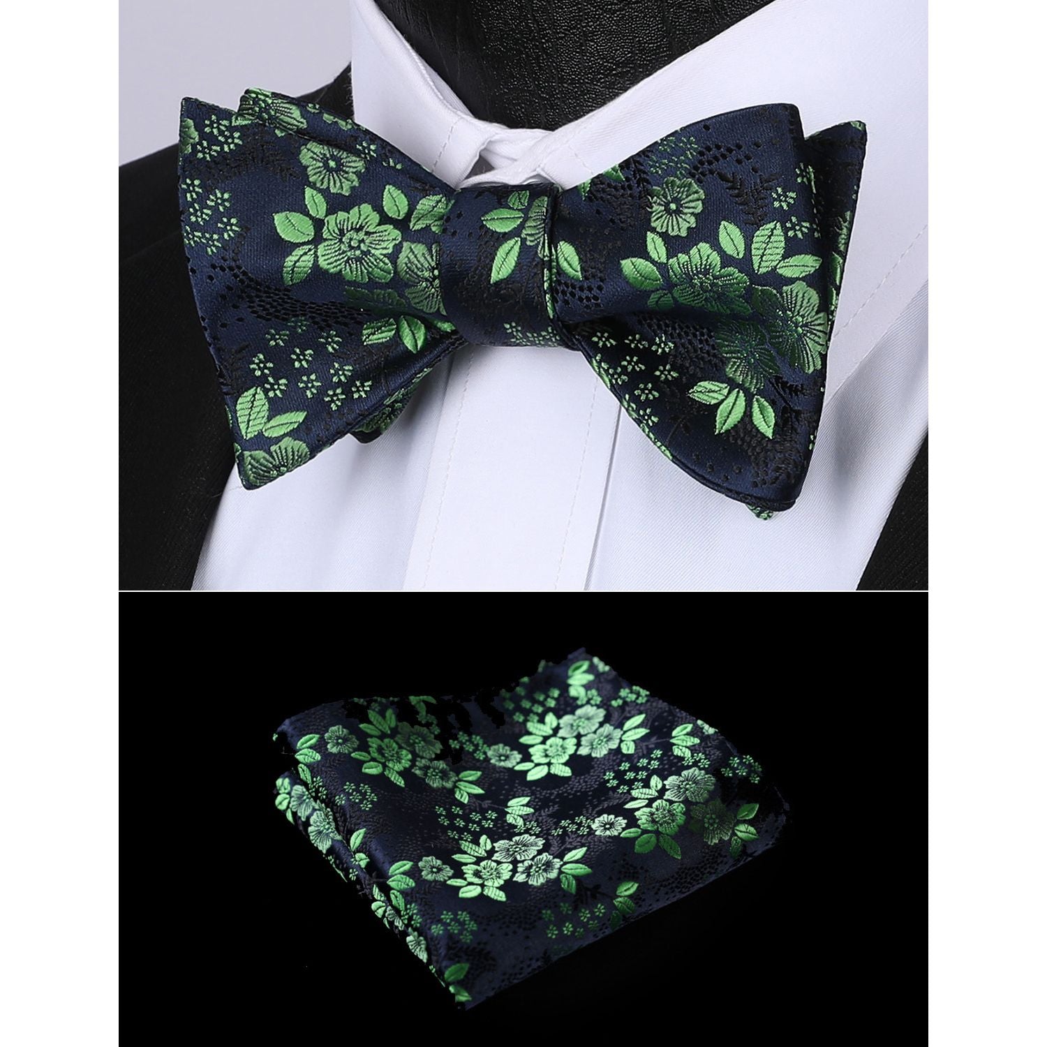 Floral Bow Tie & Pocket Square - A-GREEN/NAVY BLUE