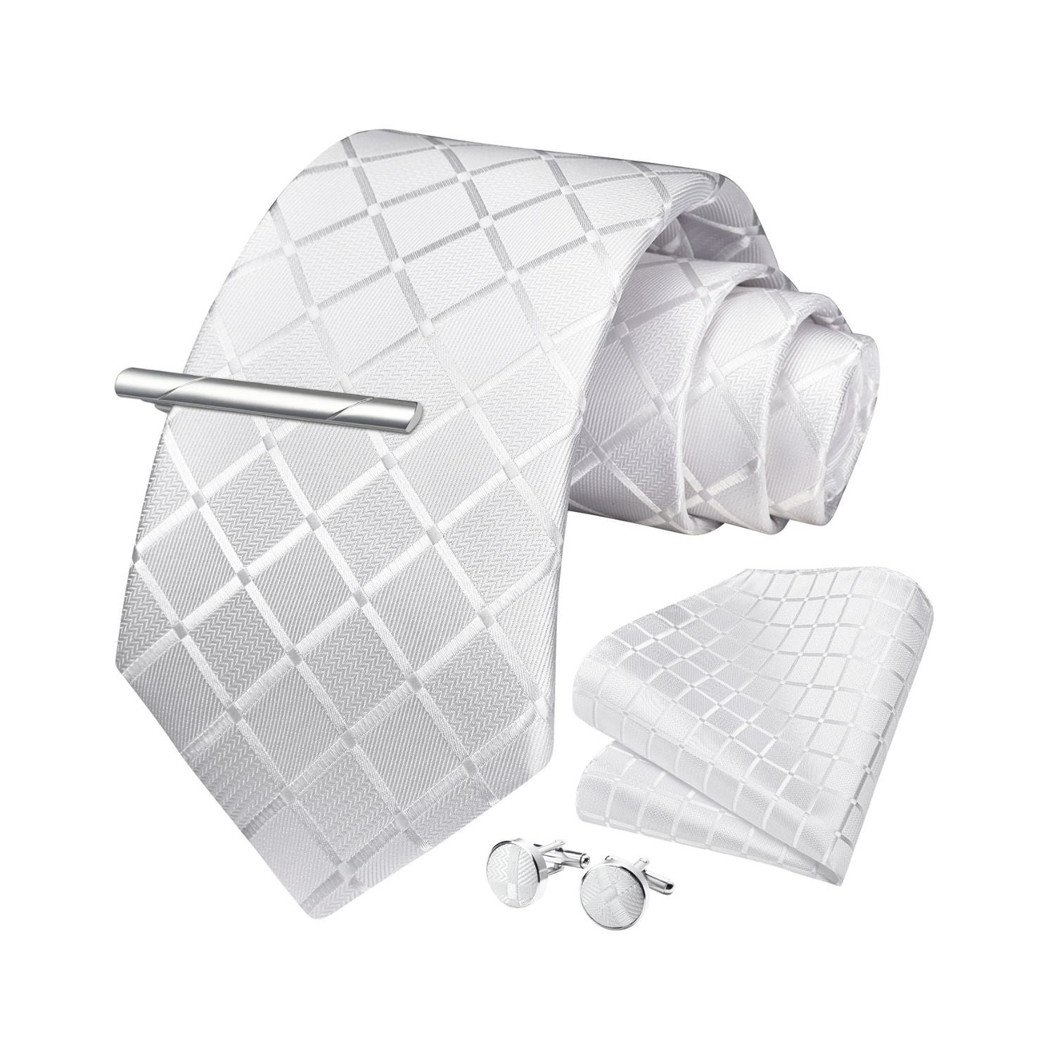 Plaid Tie Handkerchief Cufflinks Clip - WHITE