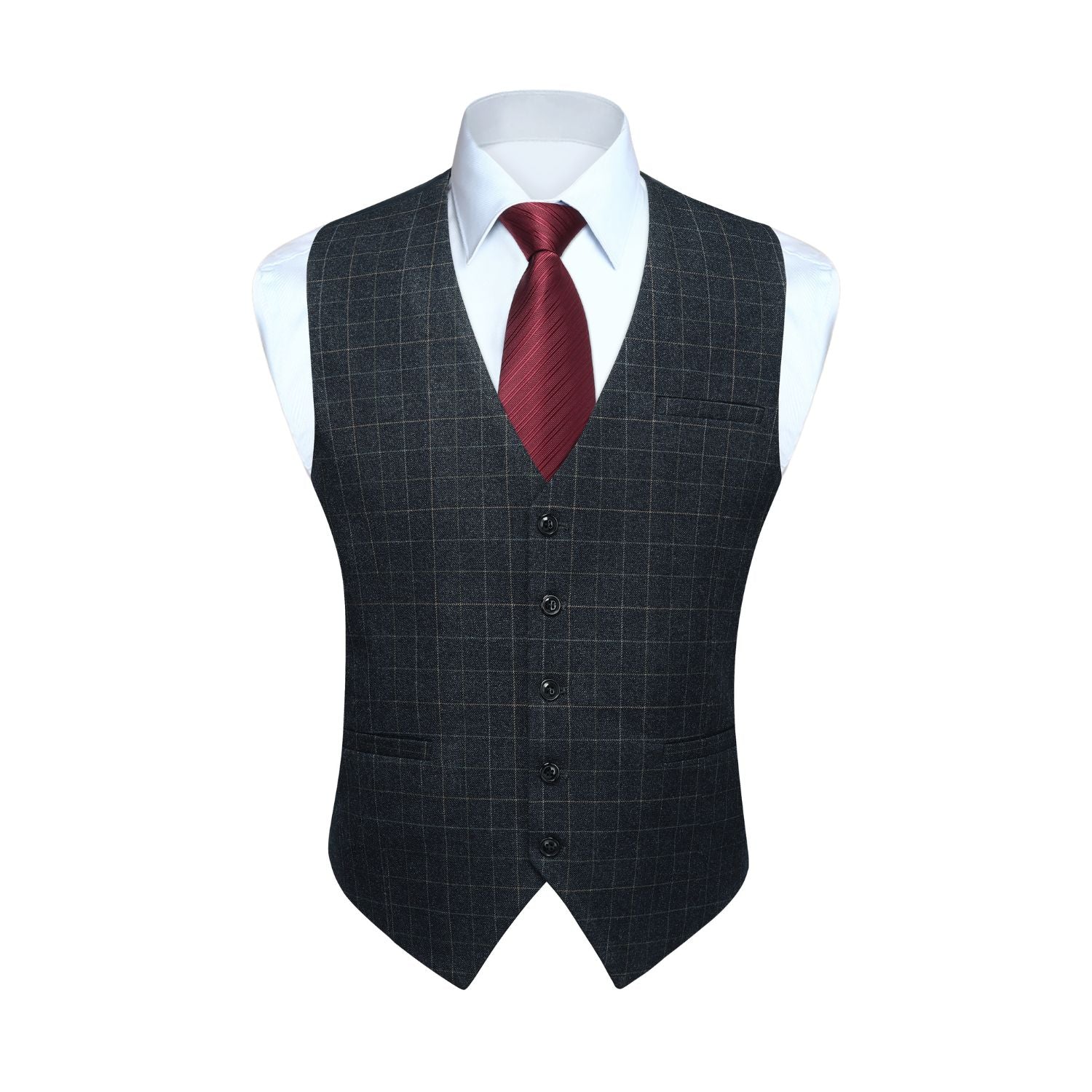 Hisdern Men's Dark Black Plaid Wedding Vest For Skinny Guys