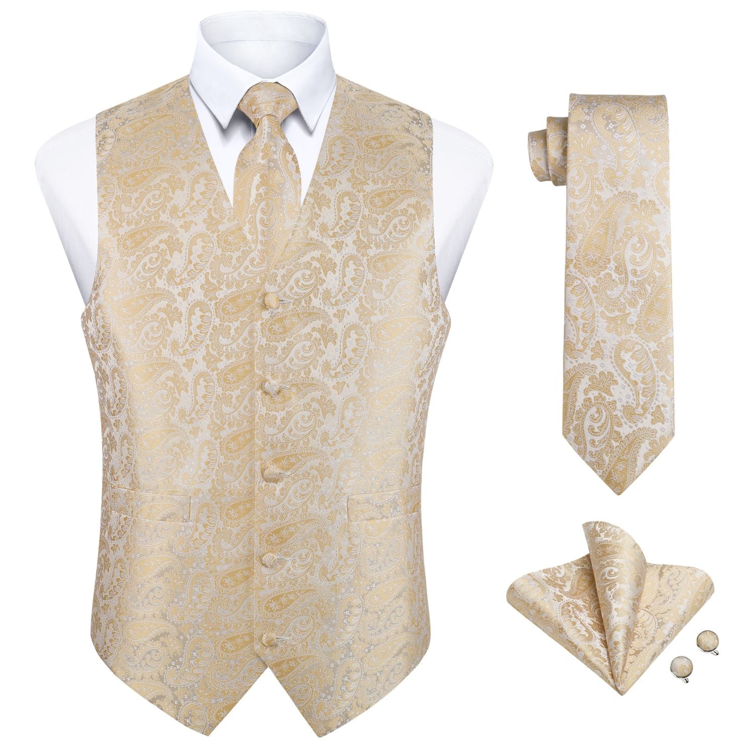Hisdern Men's Champagne Gold Paisley Vest Tie Set For Weddings