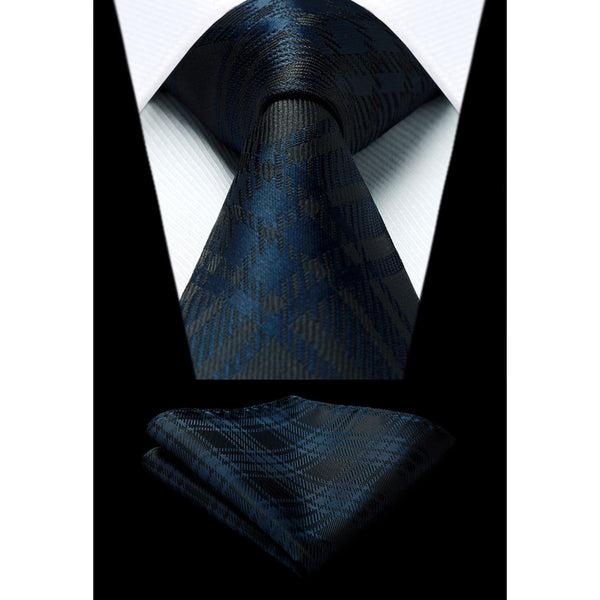 Plaid Tie Handkerchief Set - NAVY BLUE/BRWON 