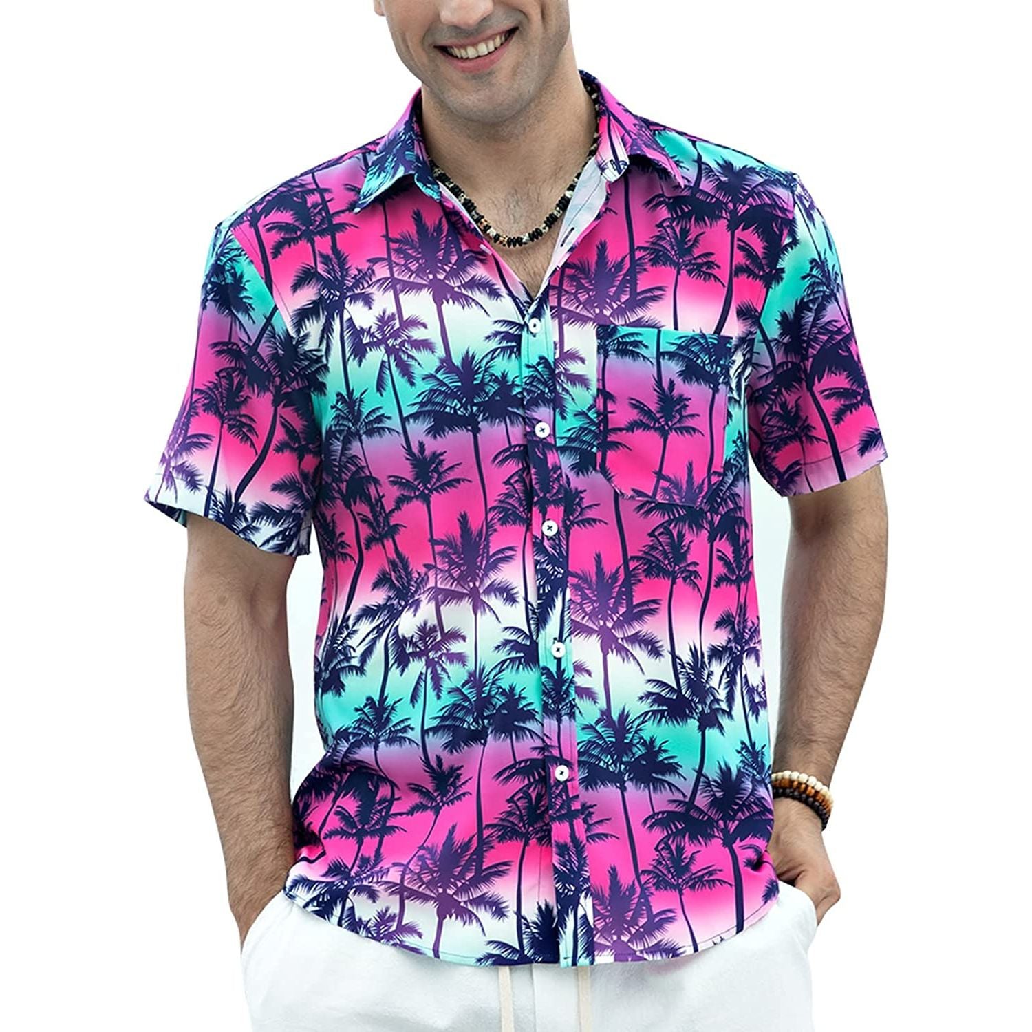 Hisdern Hot Pink Vintage Palm Tree Hawaiian Wedding Shirt