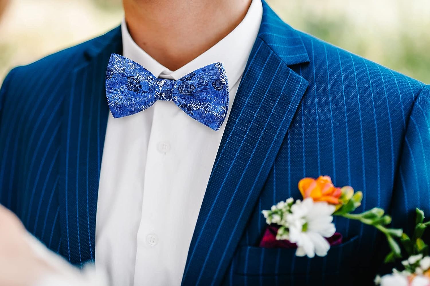 Floral Pre-Tied Bow Tie Pocket Square Cufflinks - BLUE