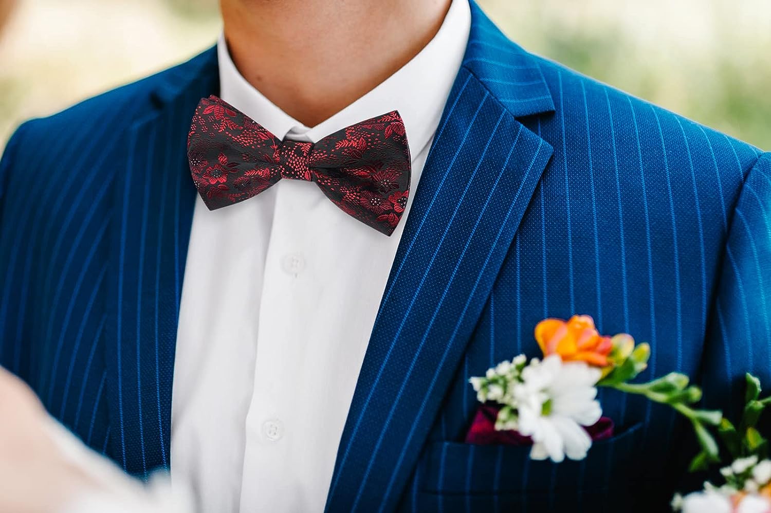 Floral Pre-Tied Bow Tie Pocket Square Cufflinks - RED