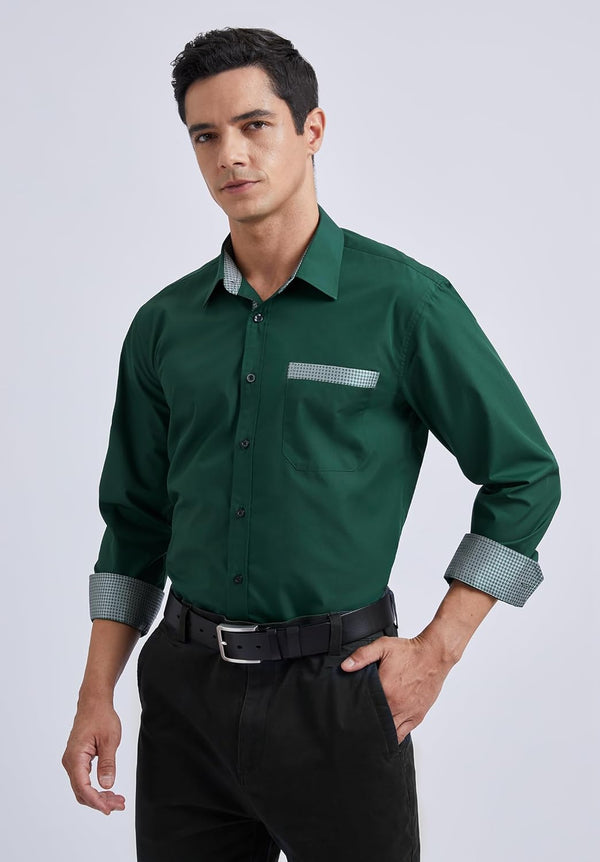 Men's Patchwork Dress Shirt with Pocket - 02-GREEN-1