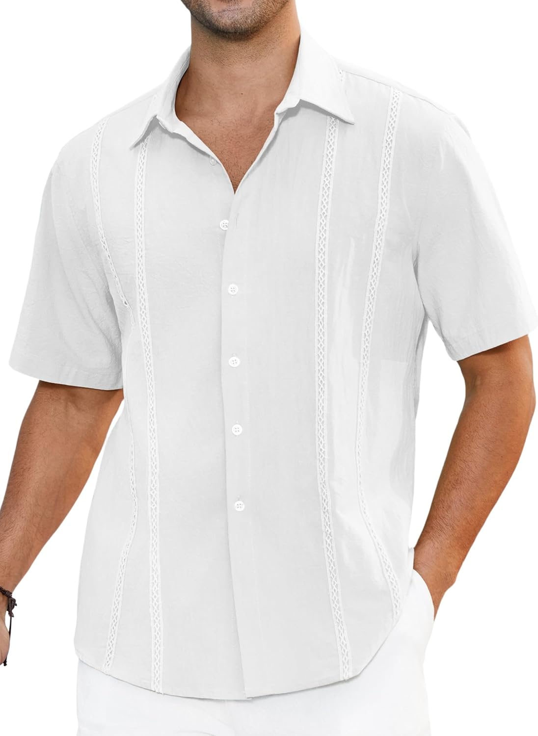 Hisdern Cuban Style White Linen Guayabera Shirt Casual Summer Beach Top
