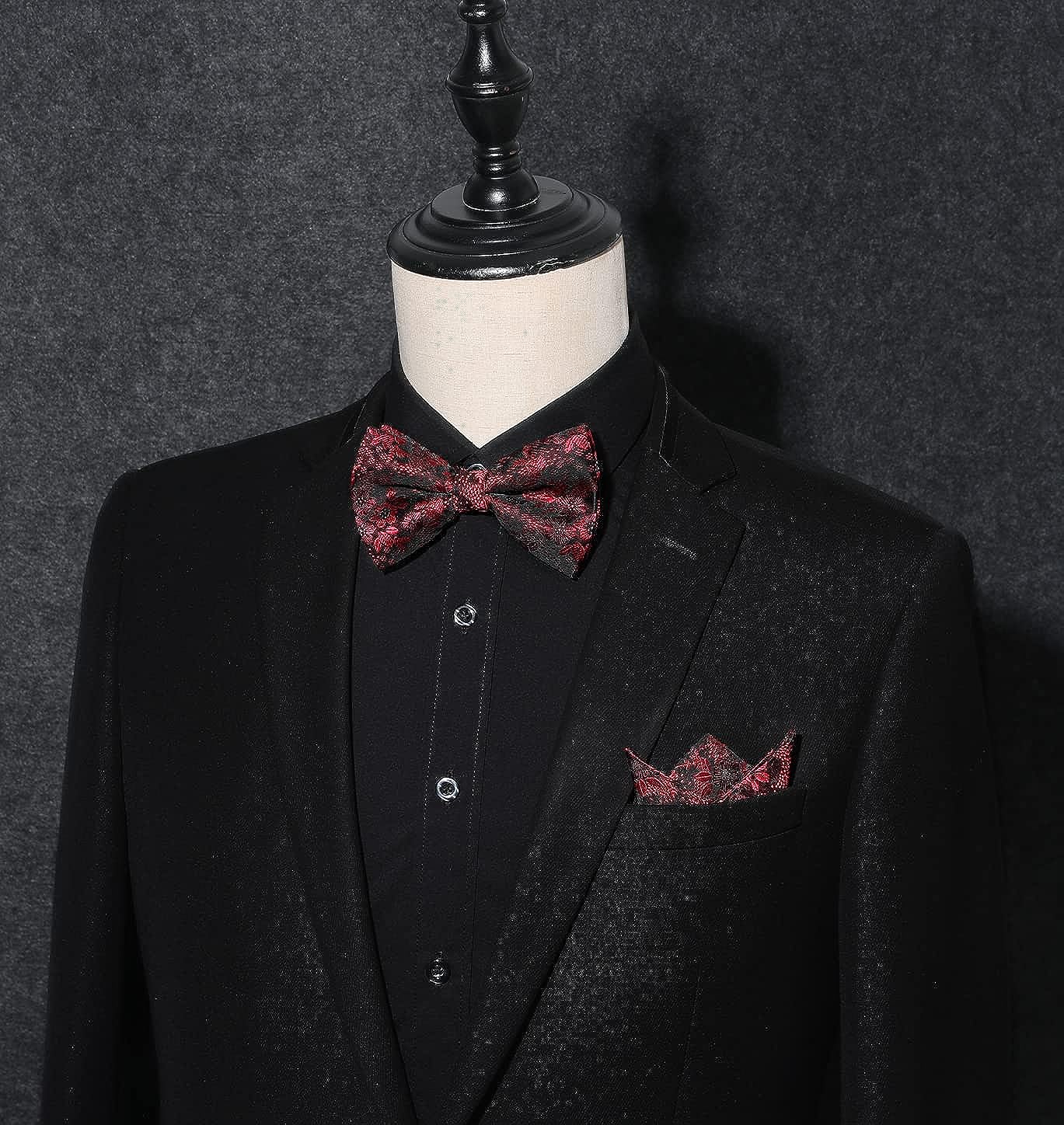 Floral Pre-Tied Bow Tie Pocket Square Cufflinks - RED