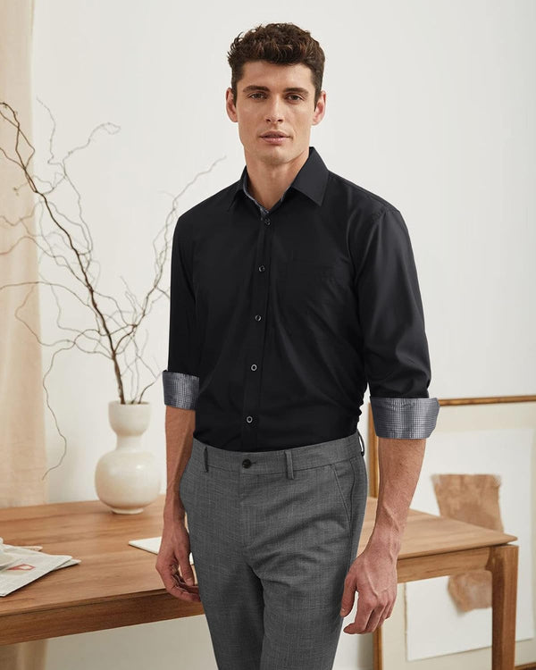 Men's Patchwork Dress Shirt with Pocket - A2-BLACK