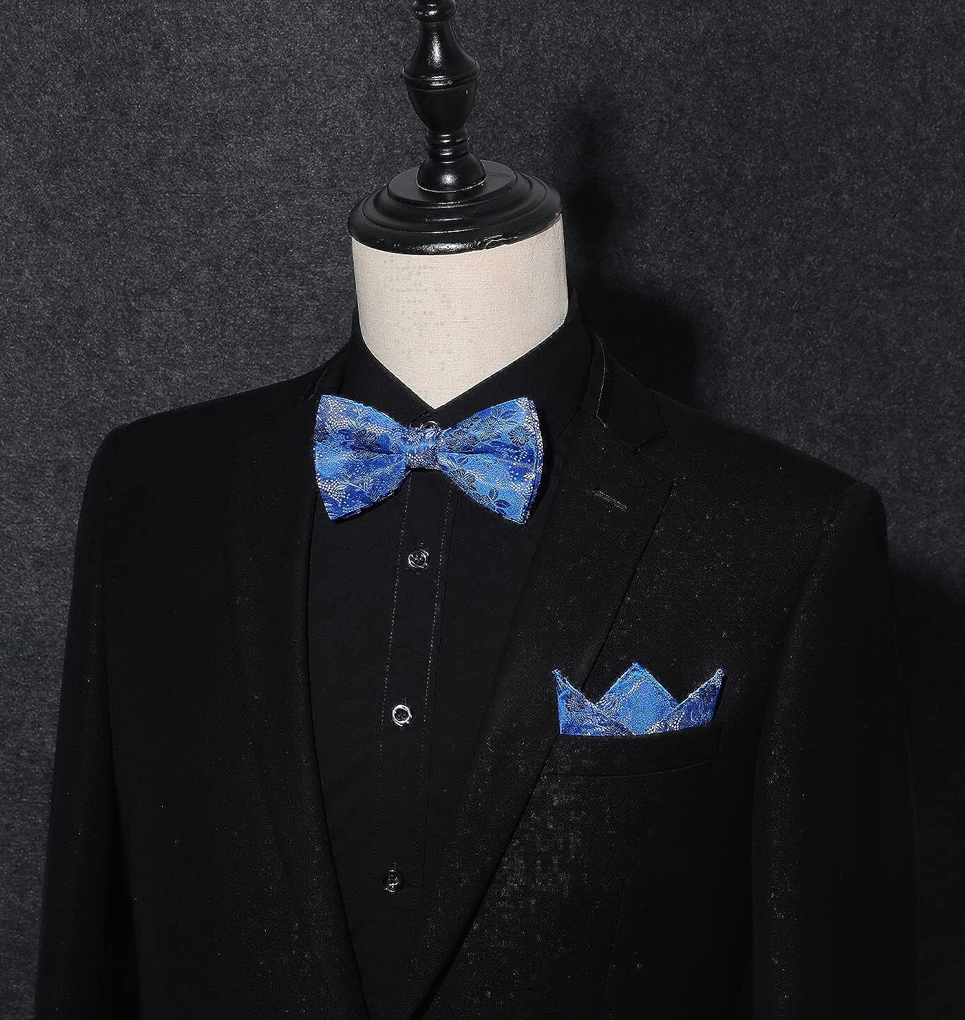 Floral Pre-Tied Bow Tie Pocket Square Cufflinks - BLUE