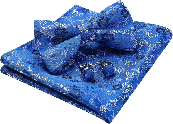 Floral Pre-Tied Bow Tie Pocket Square Cufflinks - BLUE 