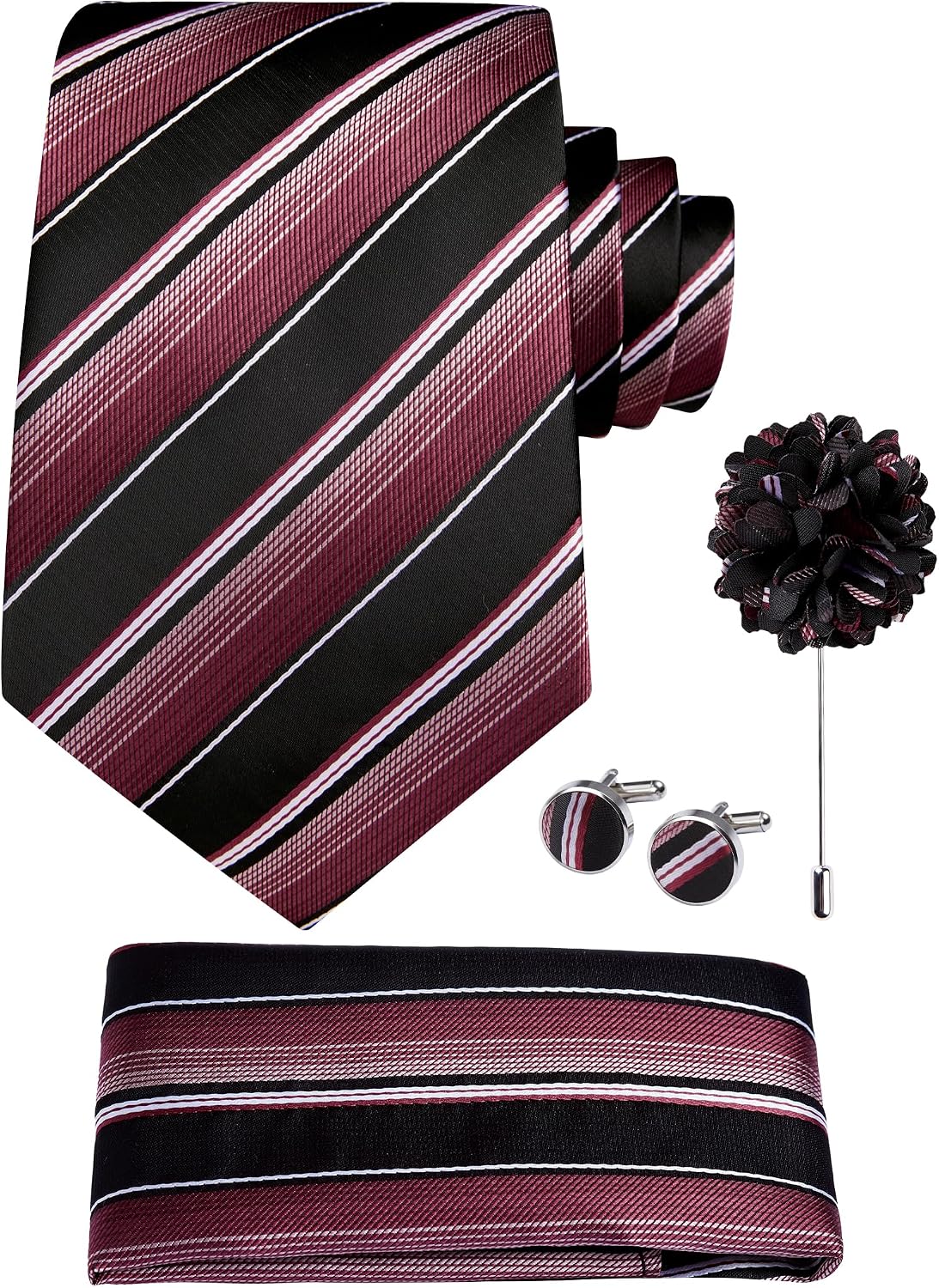 Hisdern Men's Striped 4-Piece Tie Set in Wine Red & Black for Weddings & Formal Wear