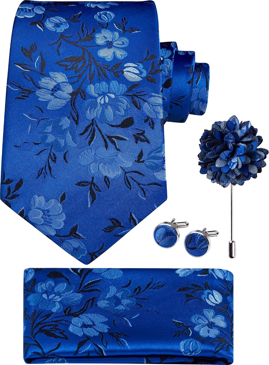 Hisdern Men's Floral 4-Piece Tie Set in Royal Blue for Weddings & Formal Wear