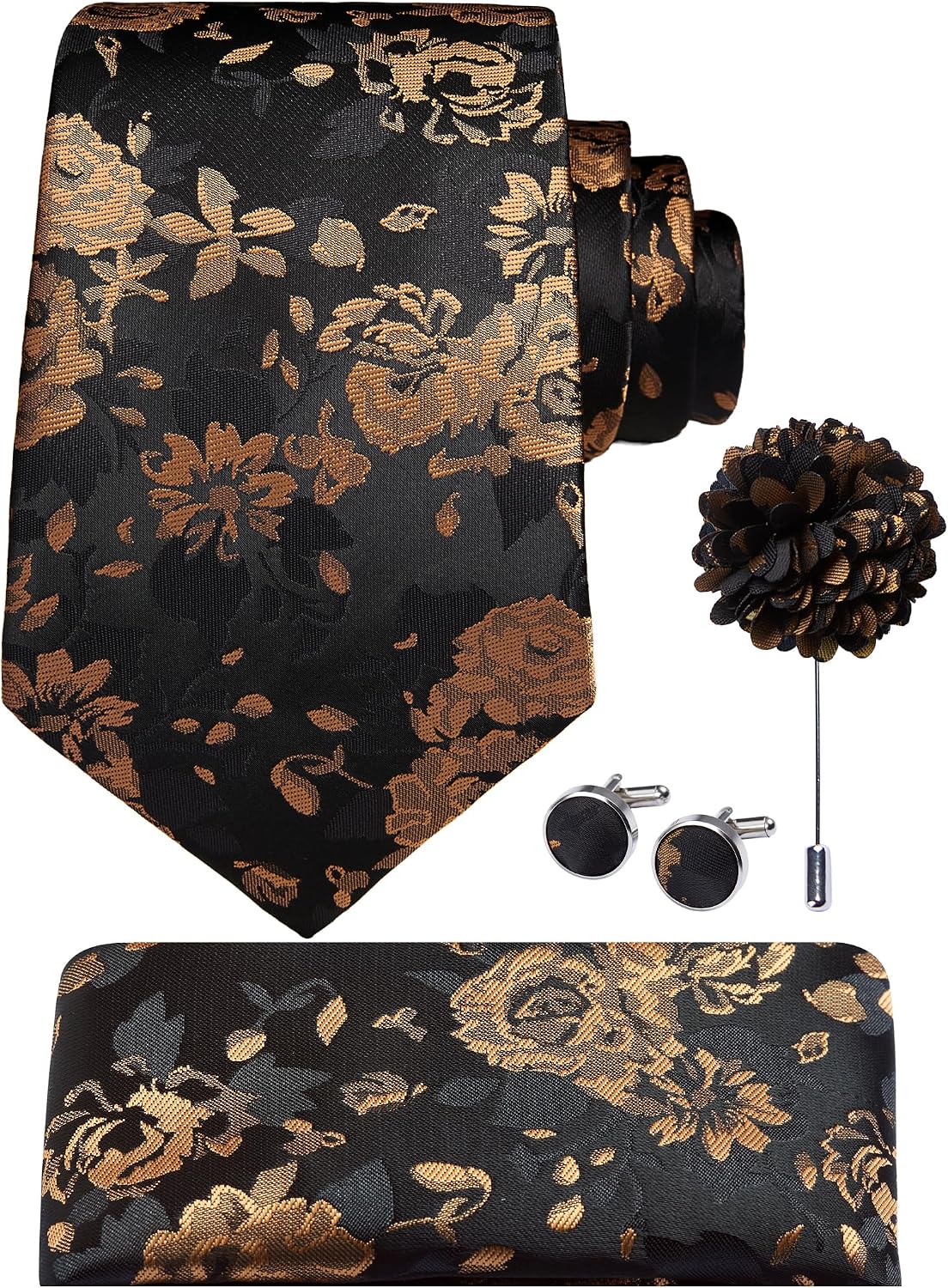 Hisdern Men's Floral 4-Piece Tie Set in Orange Gold Black for Weddings & Formal Wear
