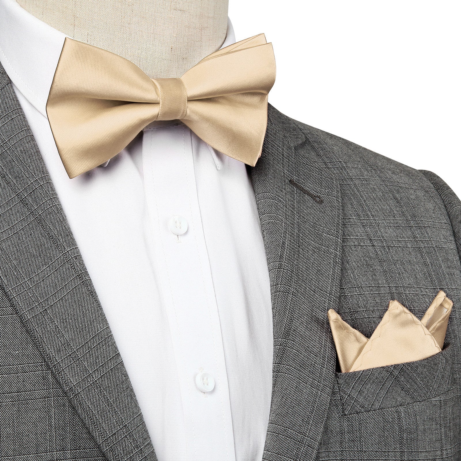 Solid Pre-Tied Bow Tie & Pocket Square - A-CHAMPAGNE 3