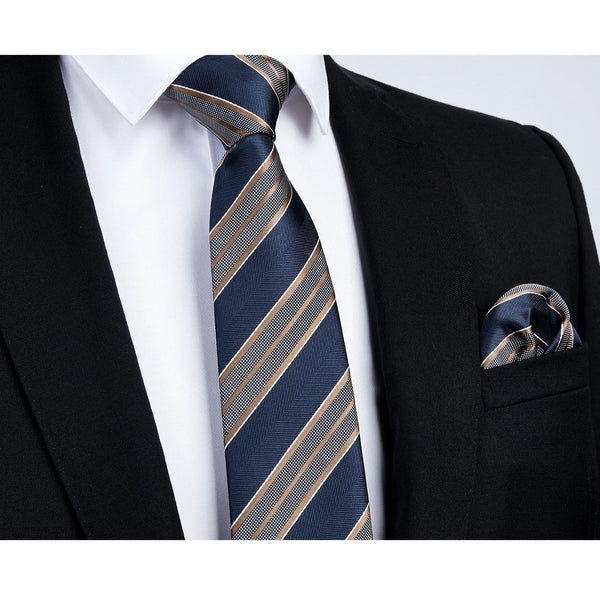 Stripe Tie Handkerchief Set - 45 NAVY BLUE /BROWN