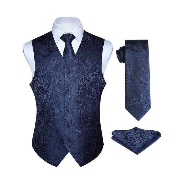 Paisley Suit Vest Tie Handkerchief Set - F NAVY BLUE / BROWN