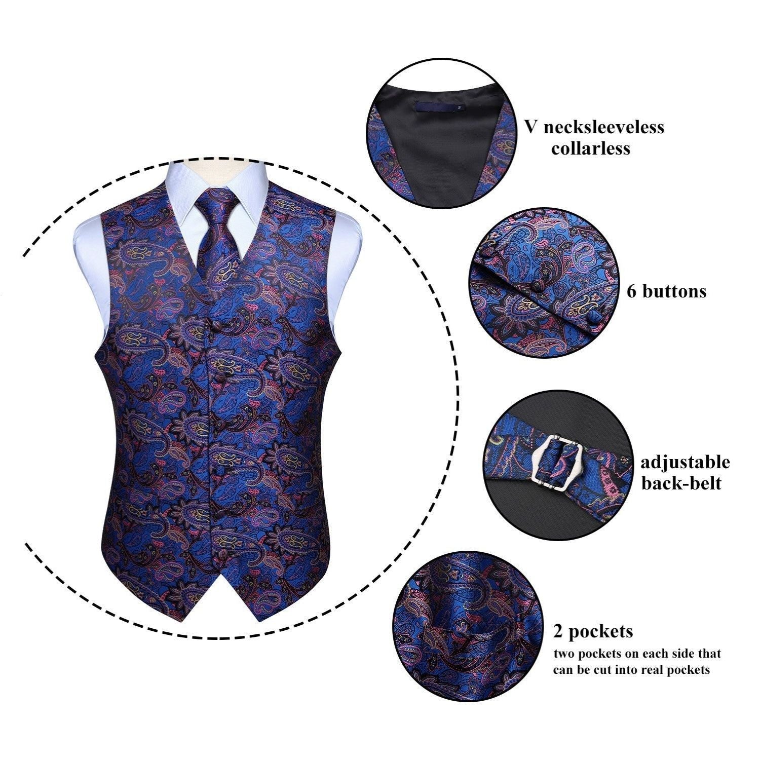 Paisley Vest Tie Handkerchief Set - BLUE & PINK