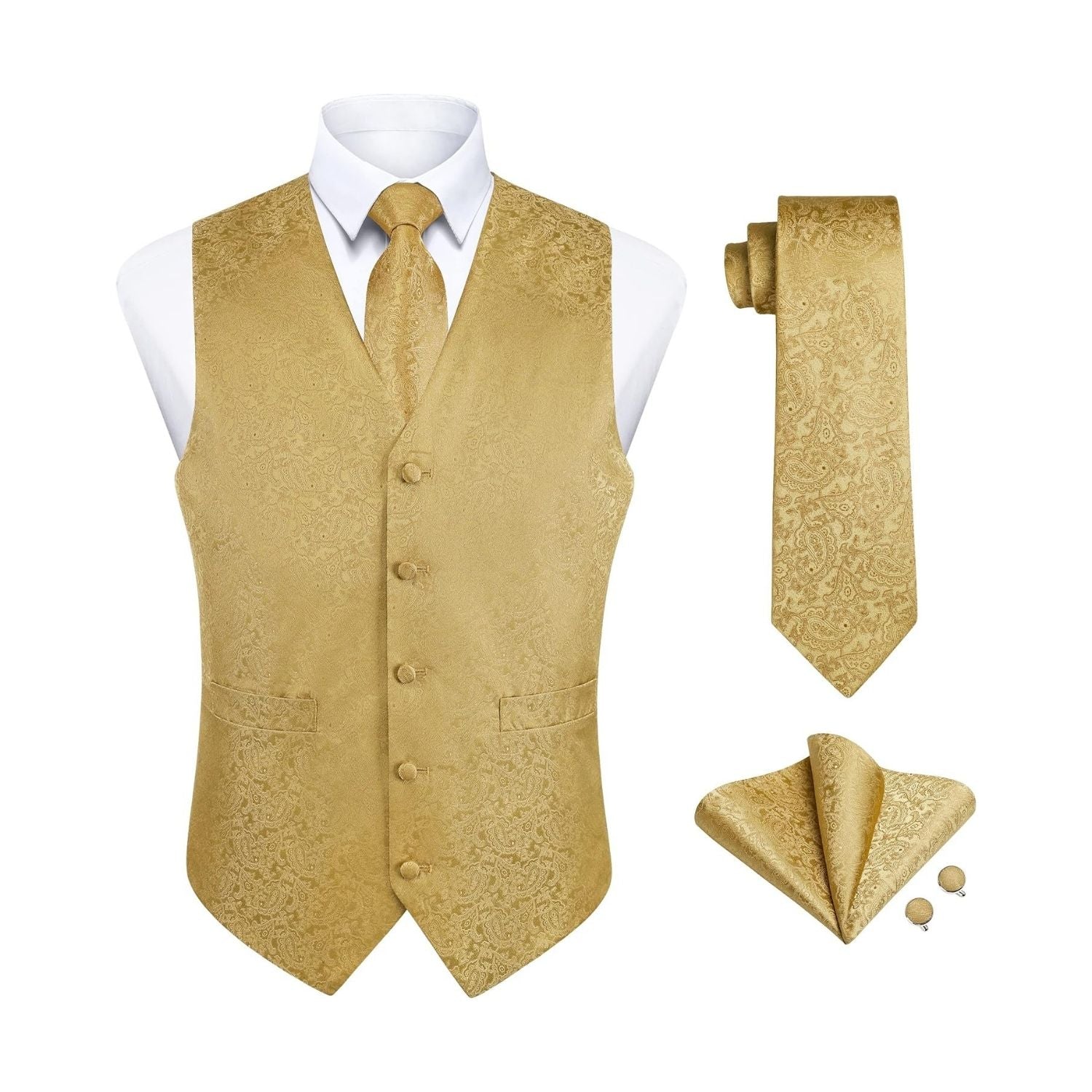 Hisdern Men's Gold Paisley Vest Tie Set for Weddings XL