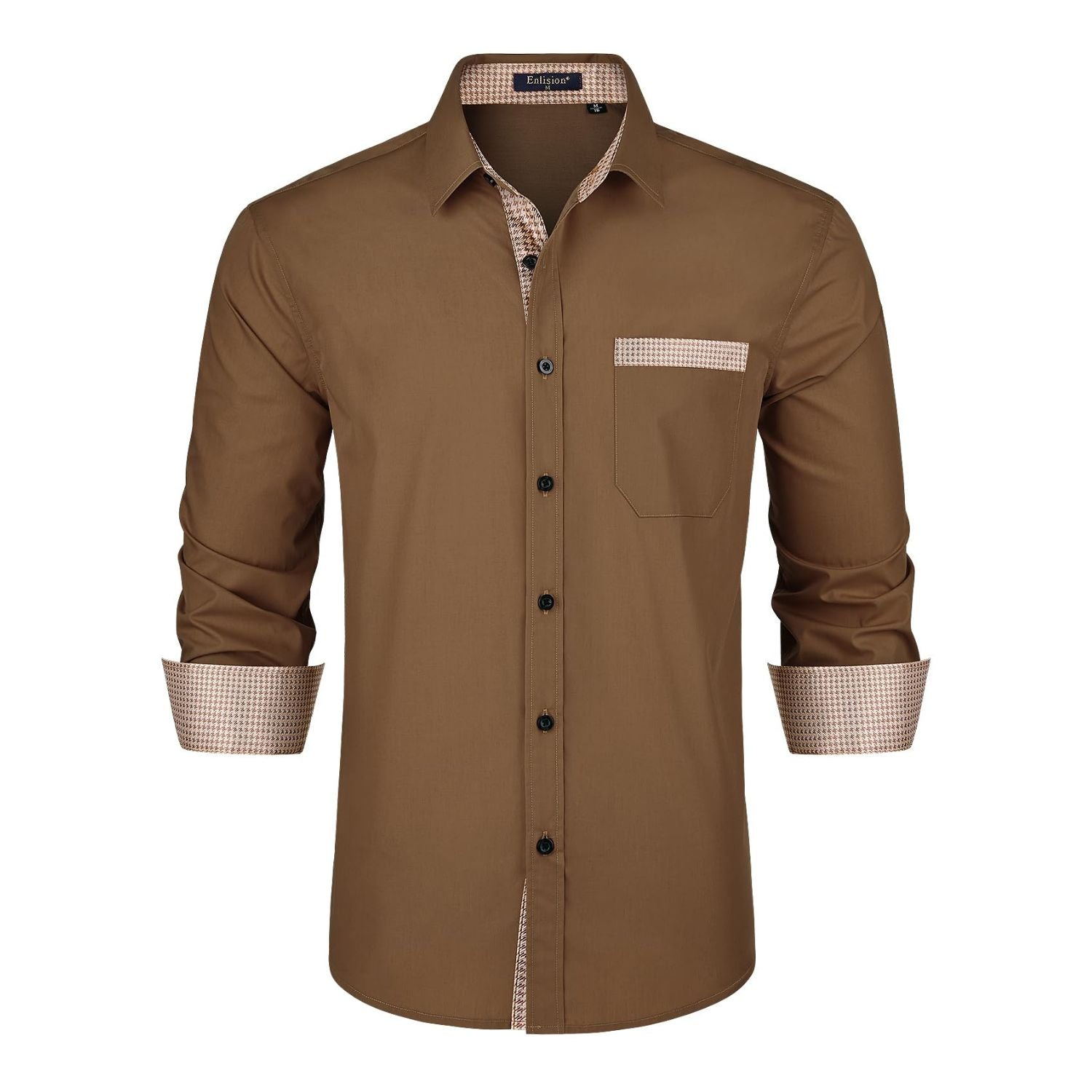 Hisdern Men's Brown Dress Shirt with Contrast Collar for Casual
