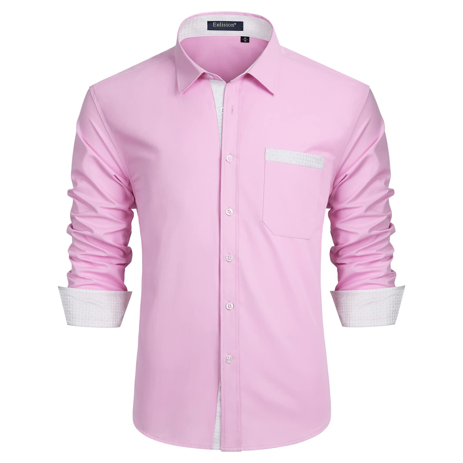 Hisdern Men's Pink Dress Shirt with Contrast Collar for Casual M