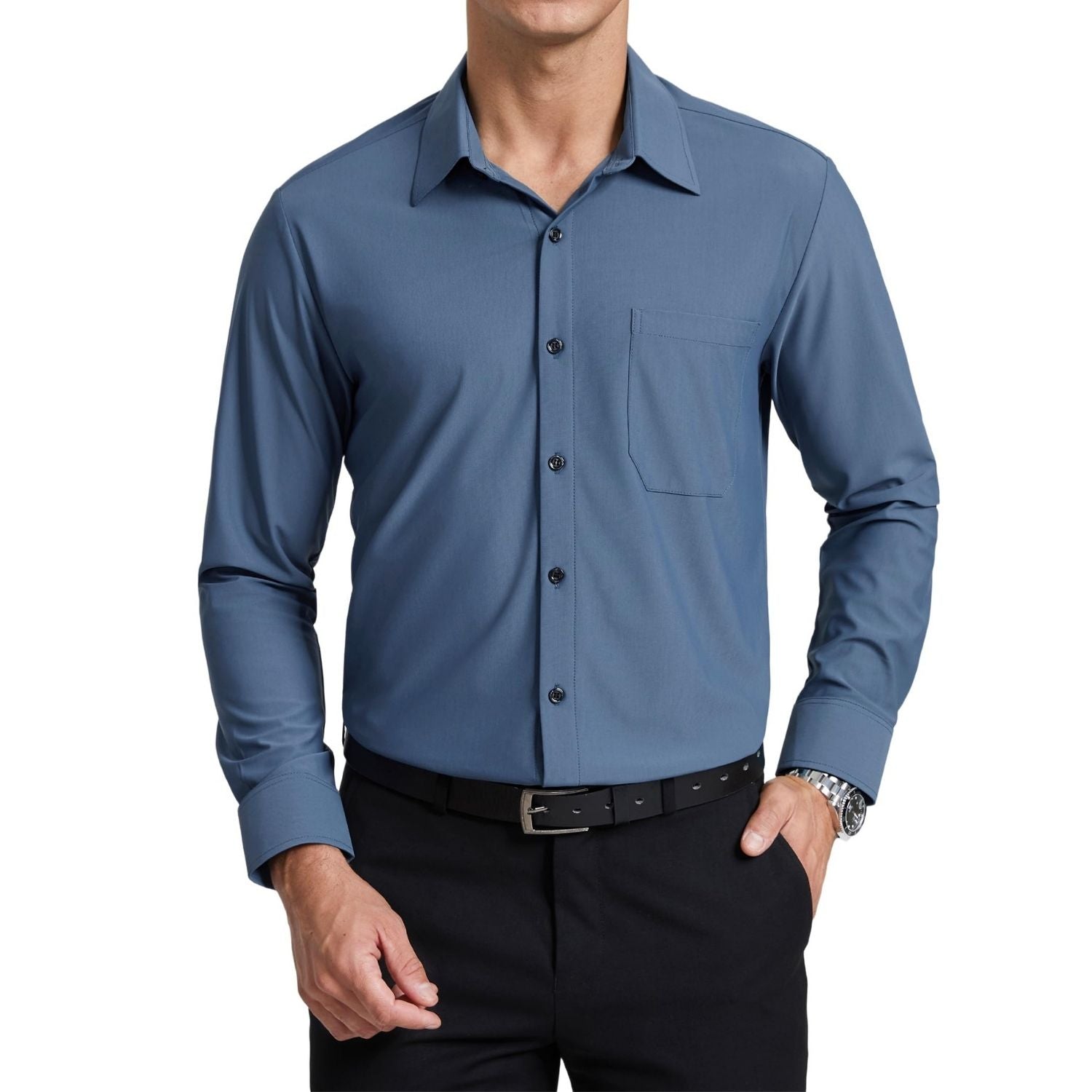 Men's Dress Shirt Long Sleeve 4-Way Stretch Wrinkle Free Haze Blue Formal  Shirt