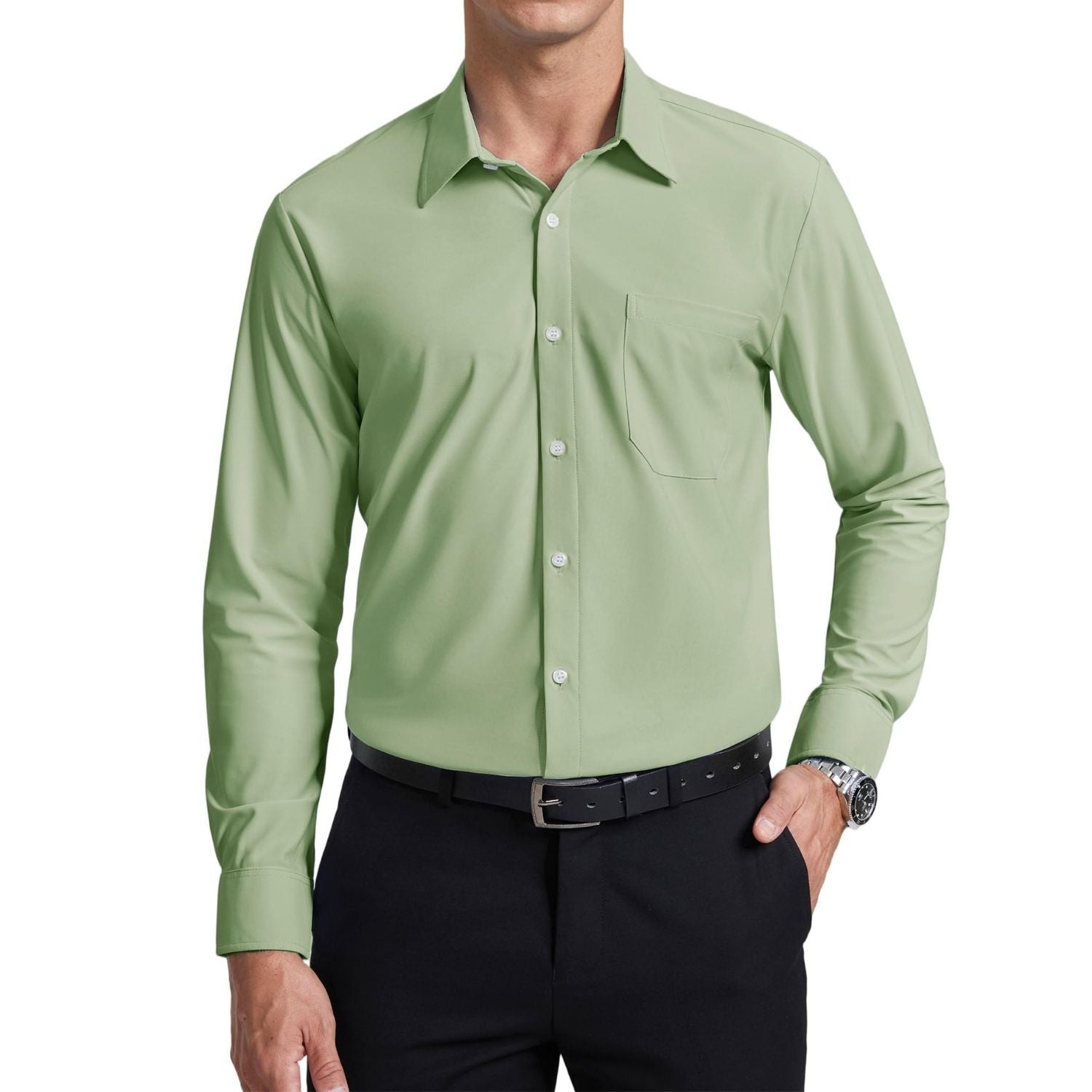 Men's Dress Shirt Long Sleeve 4-Way Stretch Wrinkle Free Sage Green Formal Shirt XL