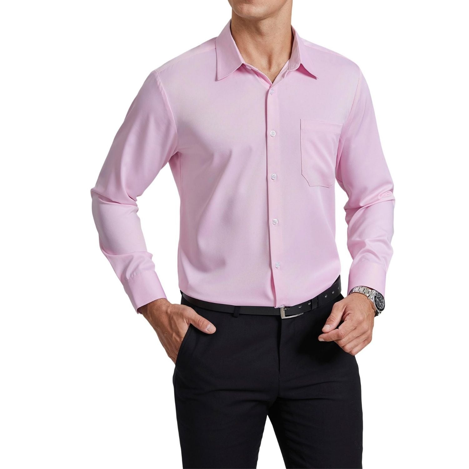 Men's Dress Shirt Long Sleeve 4-Way Stretch Wrinkle Free Pink Formal Shirt L Men's Dress Shirt Long Sleeve 4-Way Stretch Wrinkle Free Pink Formal Shirt L