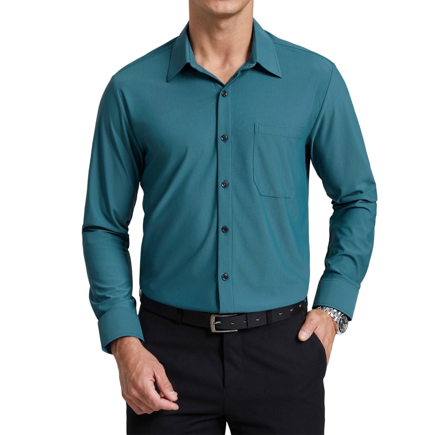 Men's Non-Iron Dress Shirt Long Sleeve 4-Way Stretch Wrinkle Free Teal