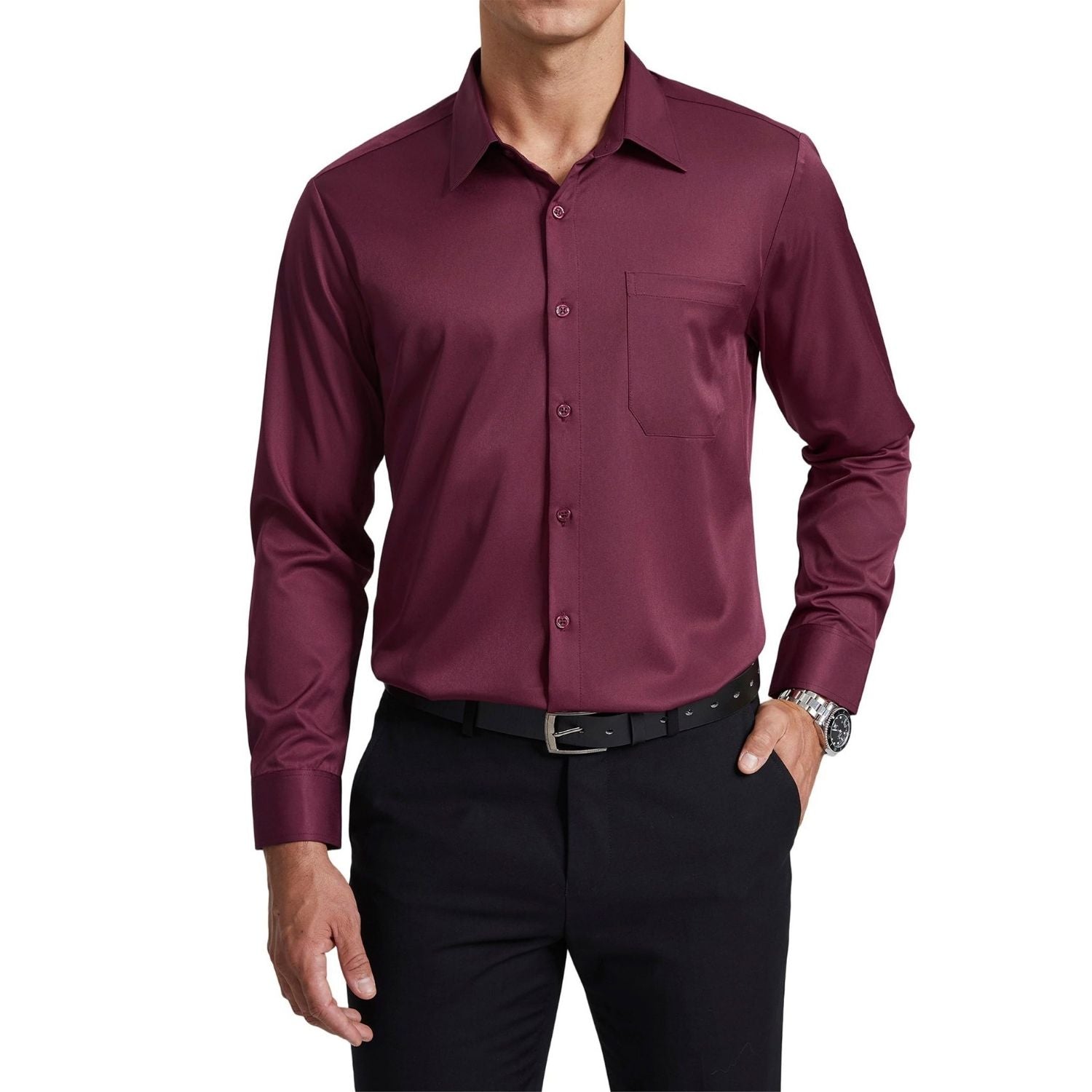 Men's Dress Shirt Long Sleeve 4-Way Stretch Wrinkle Free Burgundy Formal Shirt 3XL Men's Dress Shirt Long Sleeve 4-Way Stretch Wrinkle Free Burgundy Formal Shirt 3XL