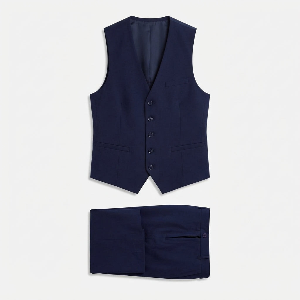 blue dress pants with grey vest Men's Navy & Wide-Leg Set This standout suit features