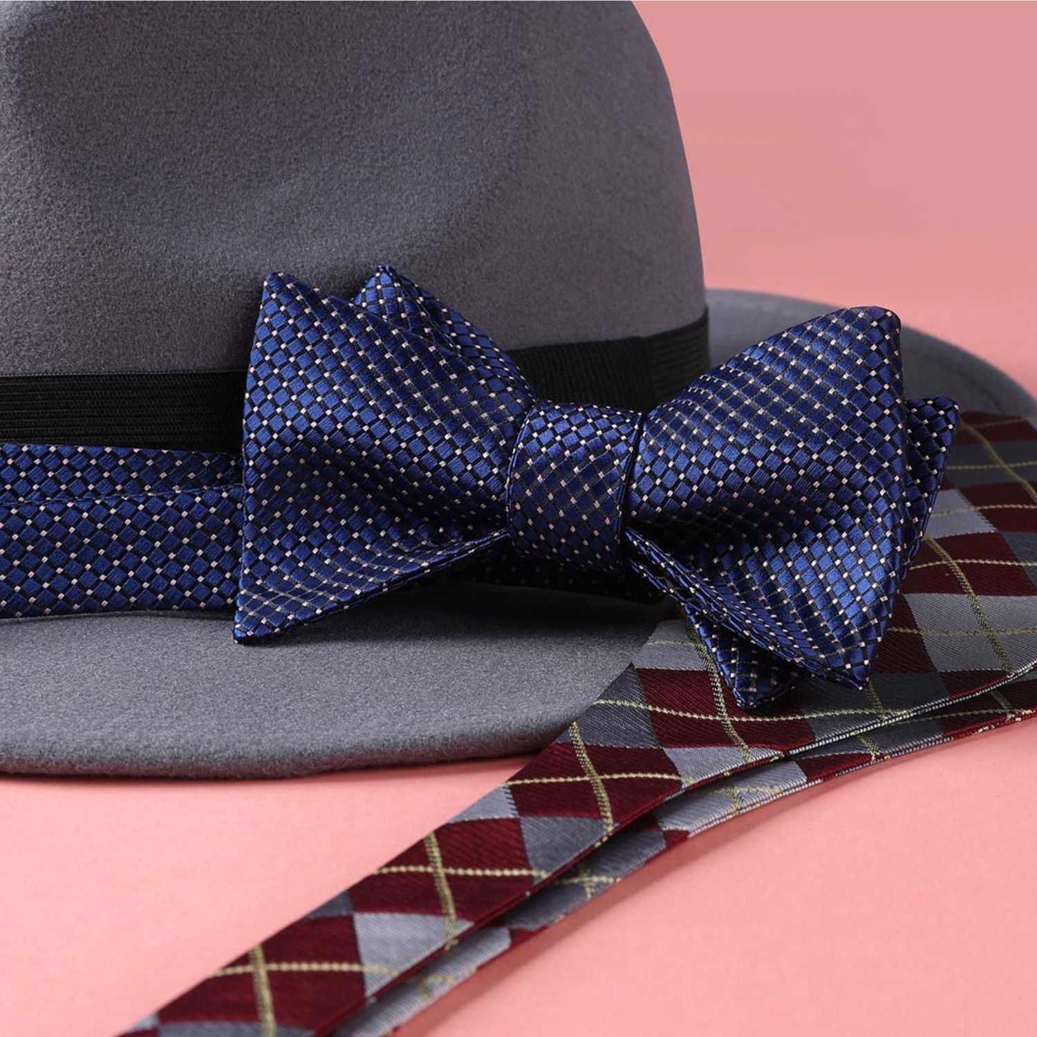 Plaid Bow Tie & Pocket Square - 2-BLUE/PINK