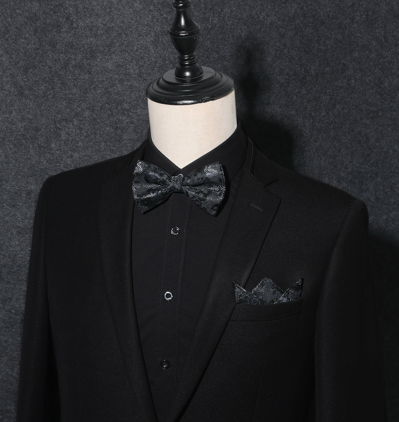 Floral Pre-Tied Bow Tie Handkerchief Cufflinks - BLACK FLORAL